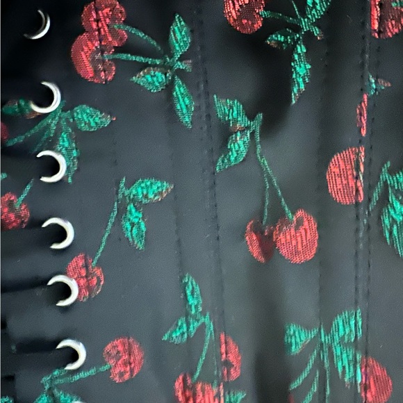 Cherry brocade underbust corset sexy black & red lace up back EUC - Picture 7 of 12